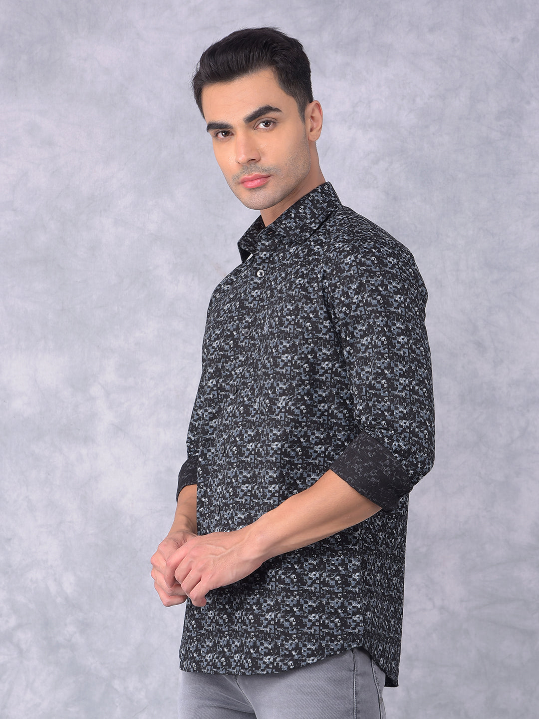 Navy Blue Printed 100% Cotton Shirt-Men Shirts-Crimsoune Club