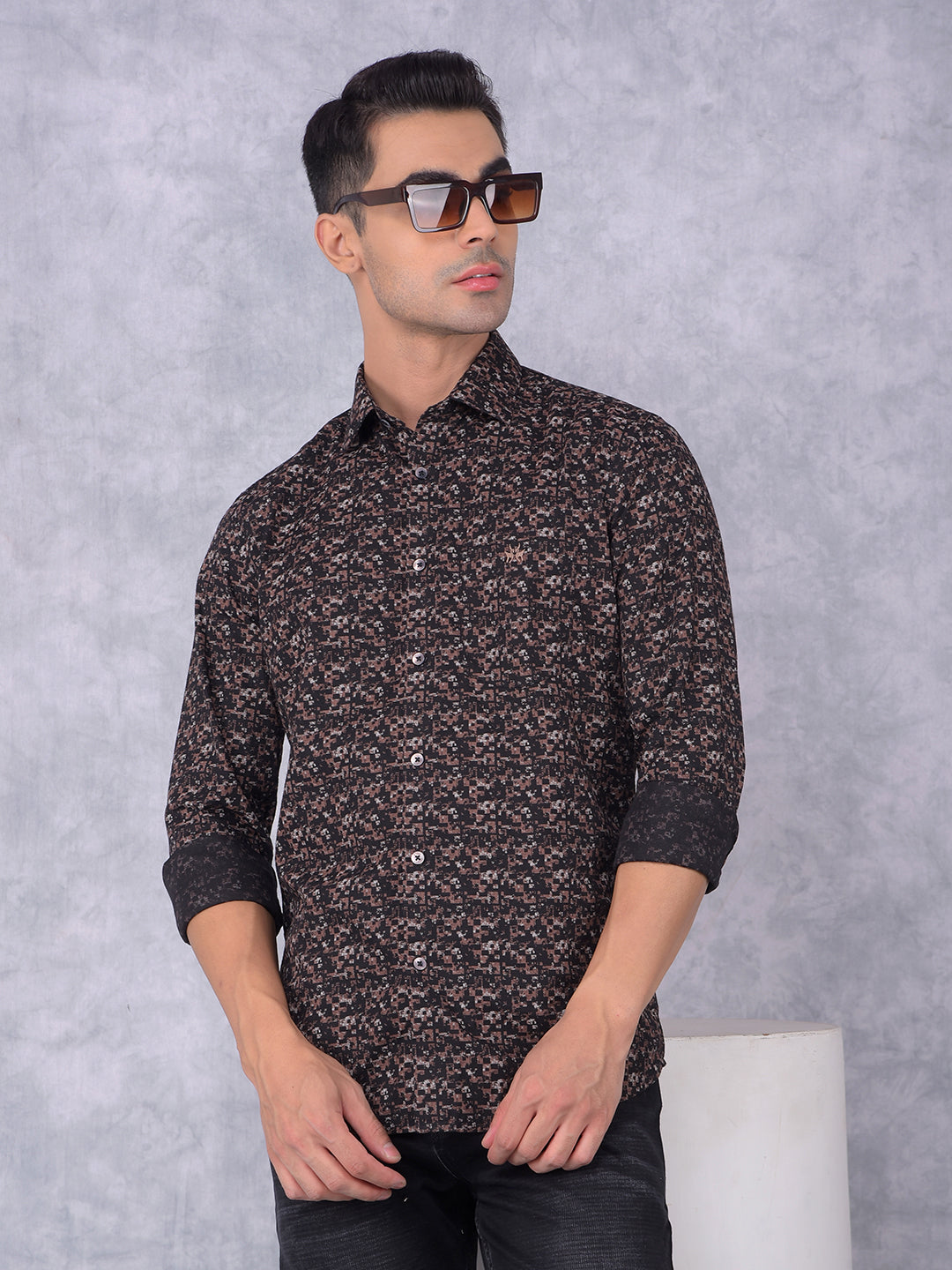 Brown Printed 100% Cotton Shirt-Men Shirts-Crimsoune Club