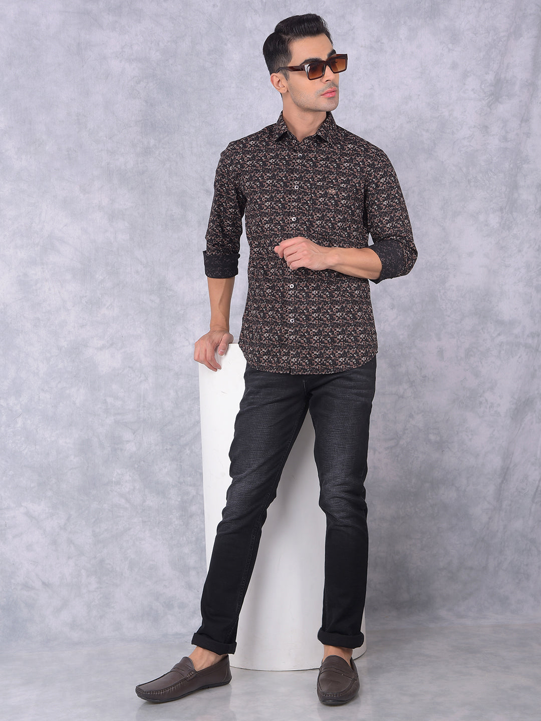 Brown Printed 100% Cotton Shirt-Men Shirts-Crimsoune Club