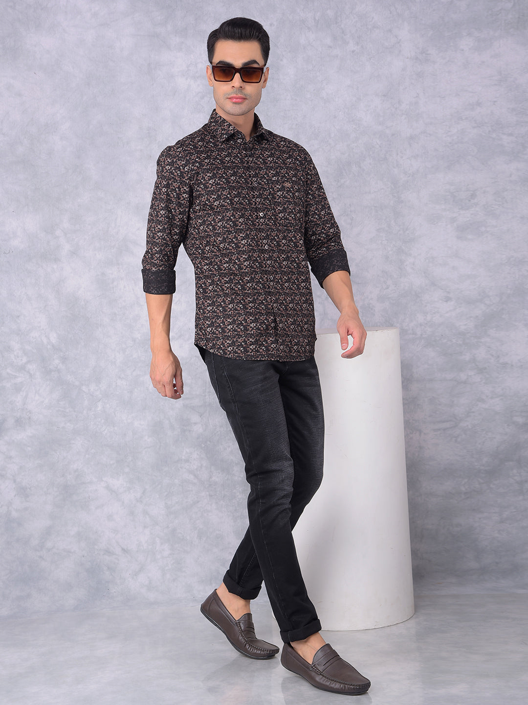 Brown Printed 100% Cotton Shirt-Men Shirts-Crimsoune Club