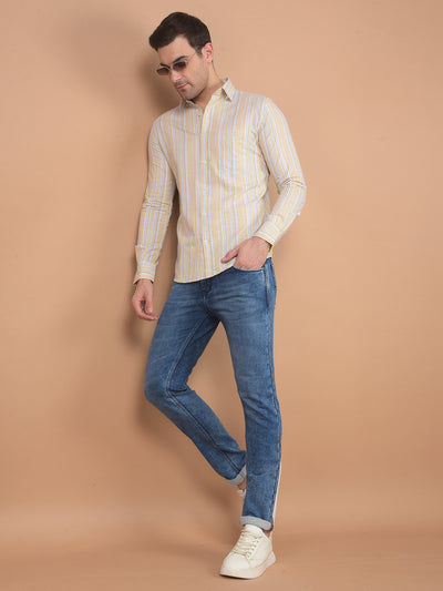 Beige Vertical Striped 100% Cotton Shirt-Men Shirts-Crimsoune Club