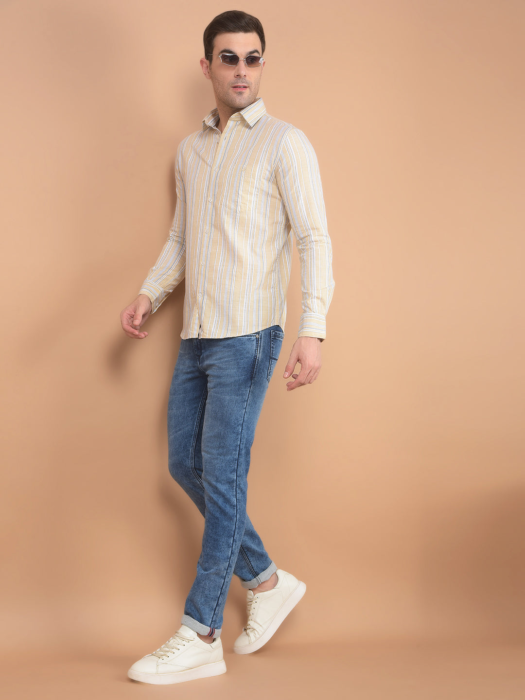 Beige Vertical Striped 100% Cotton Shirt-Men Shirts-Crimsoune Club