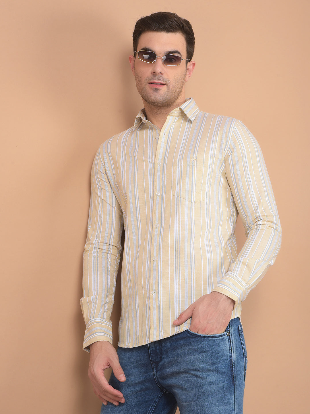 Beige Vertical Striped 100% Cotton Shirt-Men Shirts-Crimsoune Club