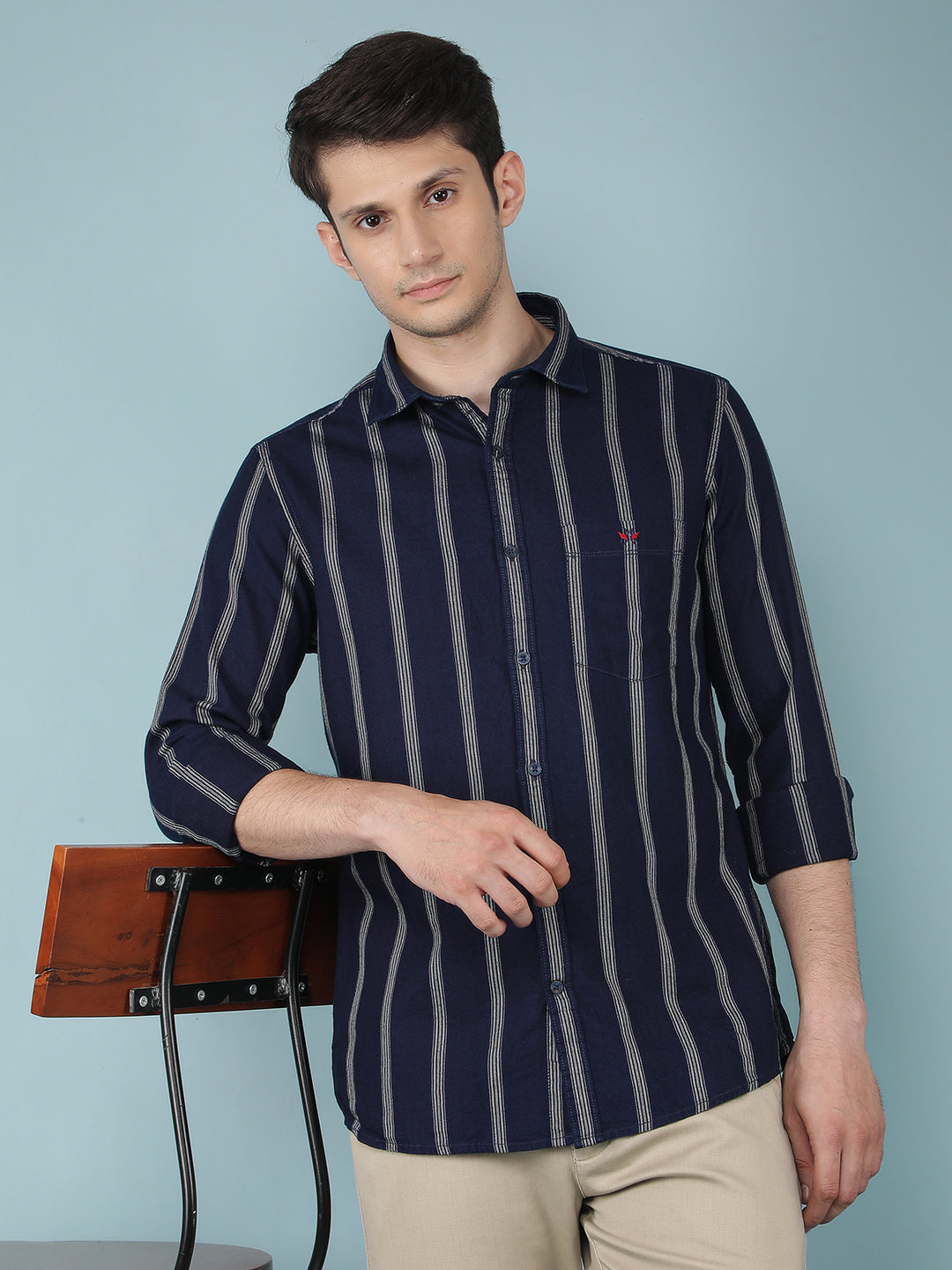 Navy Blue Vertical Stripes 100% Cotton Shirt-Men Shirts-Crimsoune Club