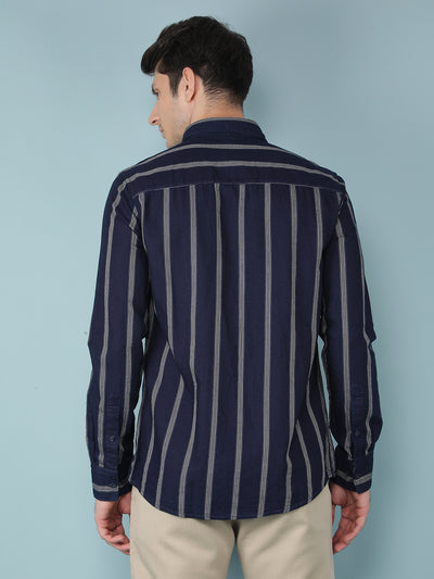 Navy Blue Vertical Stripes 100% Cotton Shirt-Men Shirts-Crimsoune Club