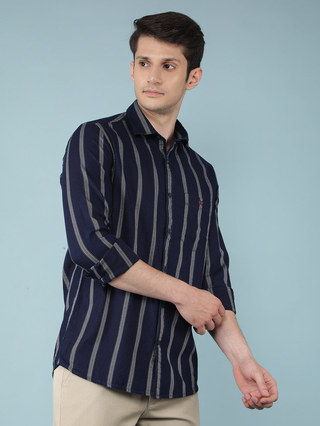 Navy Blue Vertical Stripes 100% Cotton Shirt-Men Shirts-Crimsoune Club