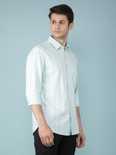 Green Vertical Stripes 100% Cotton Shirt-Men Shirts-Crimsoune Club