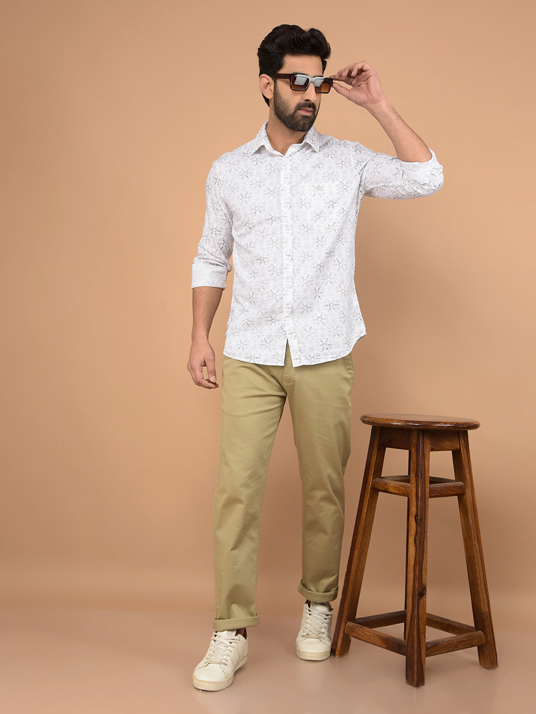 White Floral Print 100% Cotton Shirt-Men Shirts-Crimsoune Club