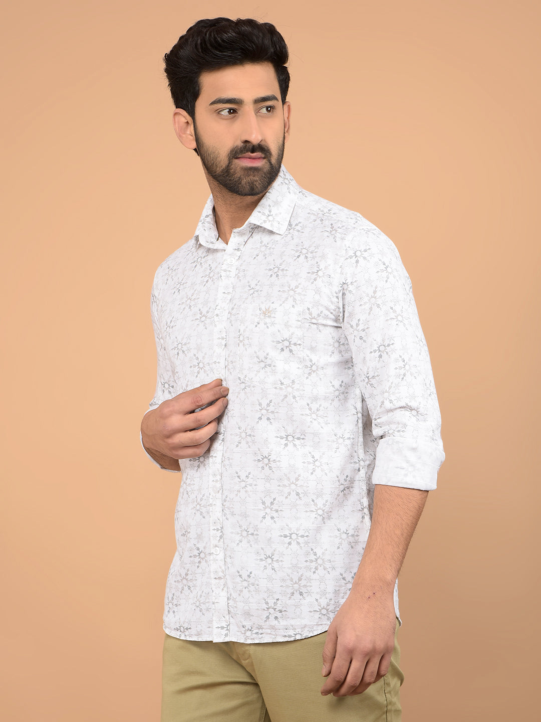 White Floral Print 100% Cotton Shirt-Men Shirts-Crimsoune Club