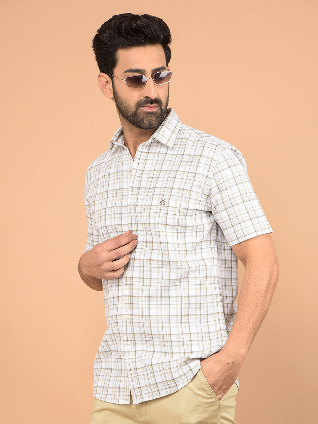 Beige Checked 100% Cotton Knitted Shirt-Men Shirts-Crimsoune Club