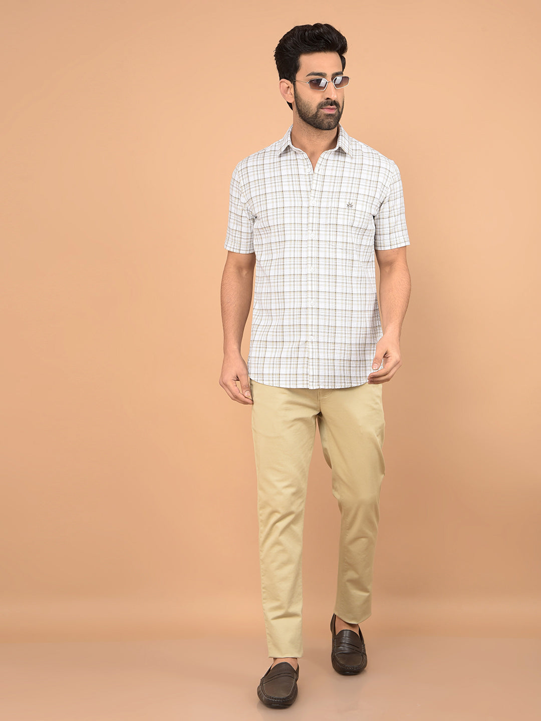 Beige Checked 100% Cotton Knitted Shirt-Men Shirts-Crimsoune Club