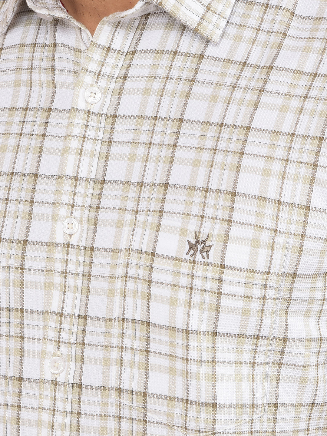 Beige Checked 100% Cotton Knitted Shirt-Men Shirts-Crimsoune Club