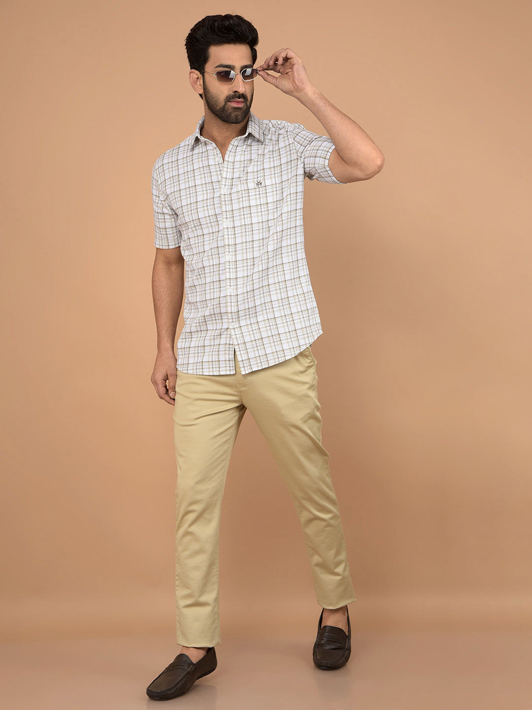 Beige Checked 100% Cotton Knitted Shirt-Men Shirts-Crimsoune Club