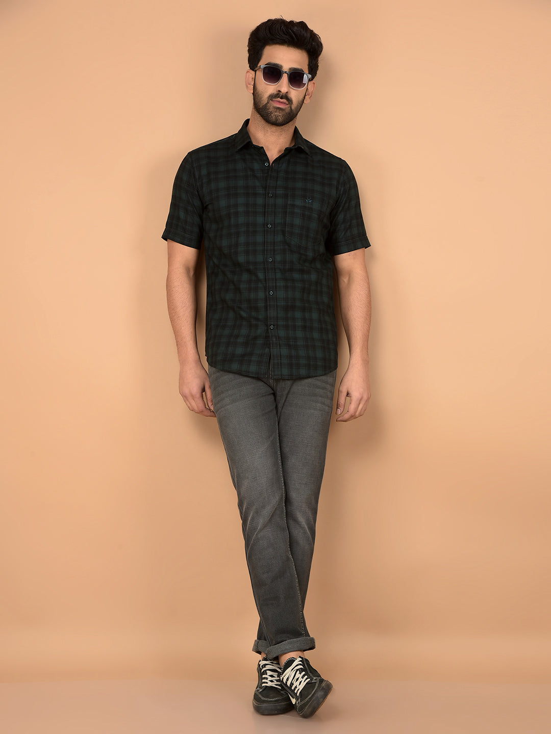 Green Checked 100% Cotton Shirt-Men Shirts-Crimsoune Club