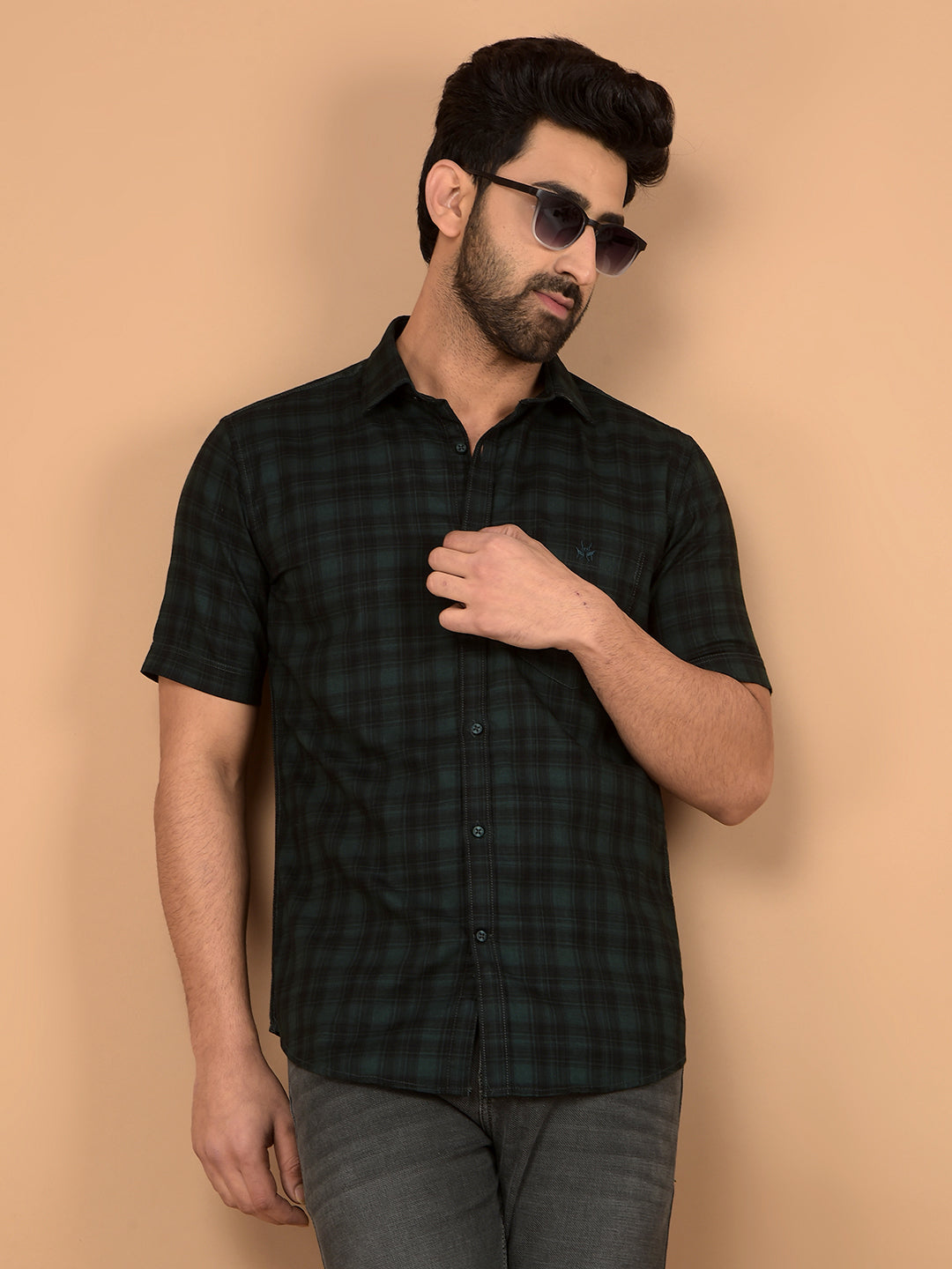 Green Checked 100% Cotton Shirt-Men Shirts-Crimsoune Club