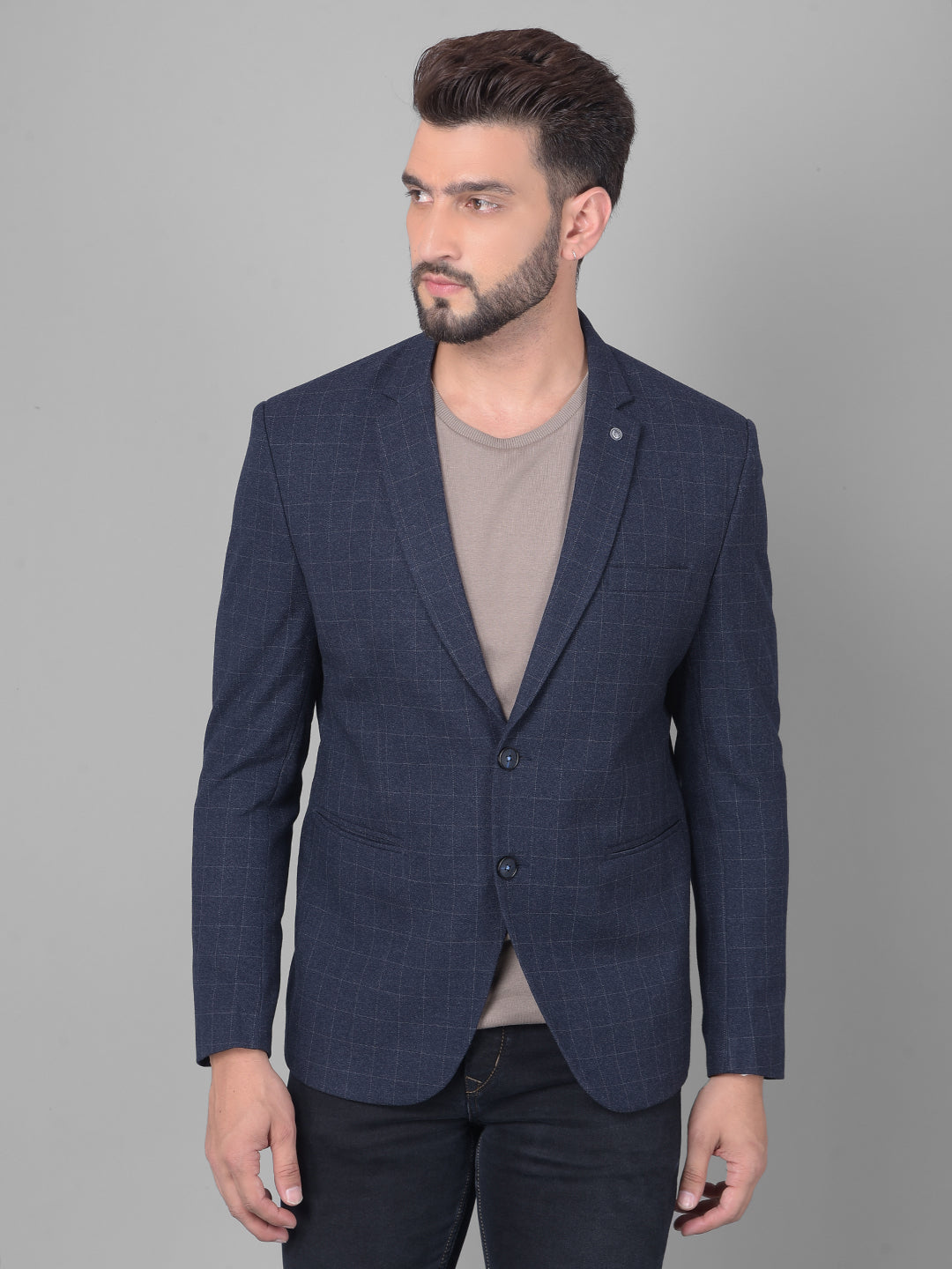 Navy Blue Checked Single Breasted Blazer-Men Blazers-Crimsoune Club