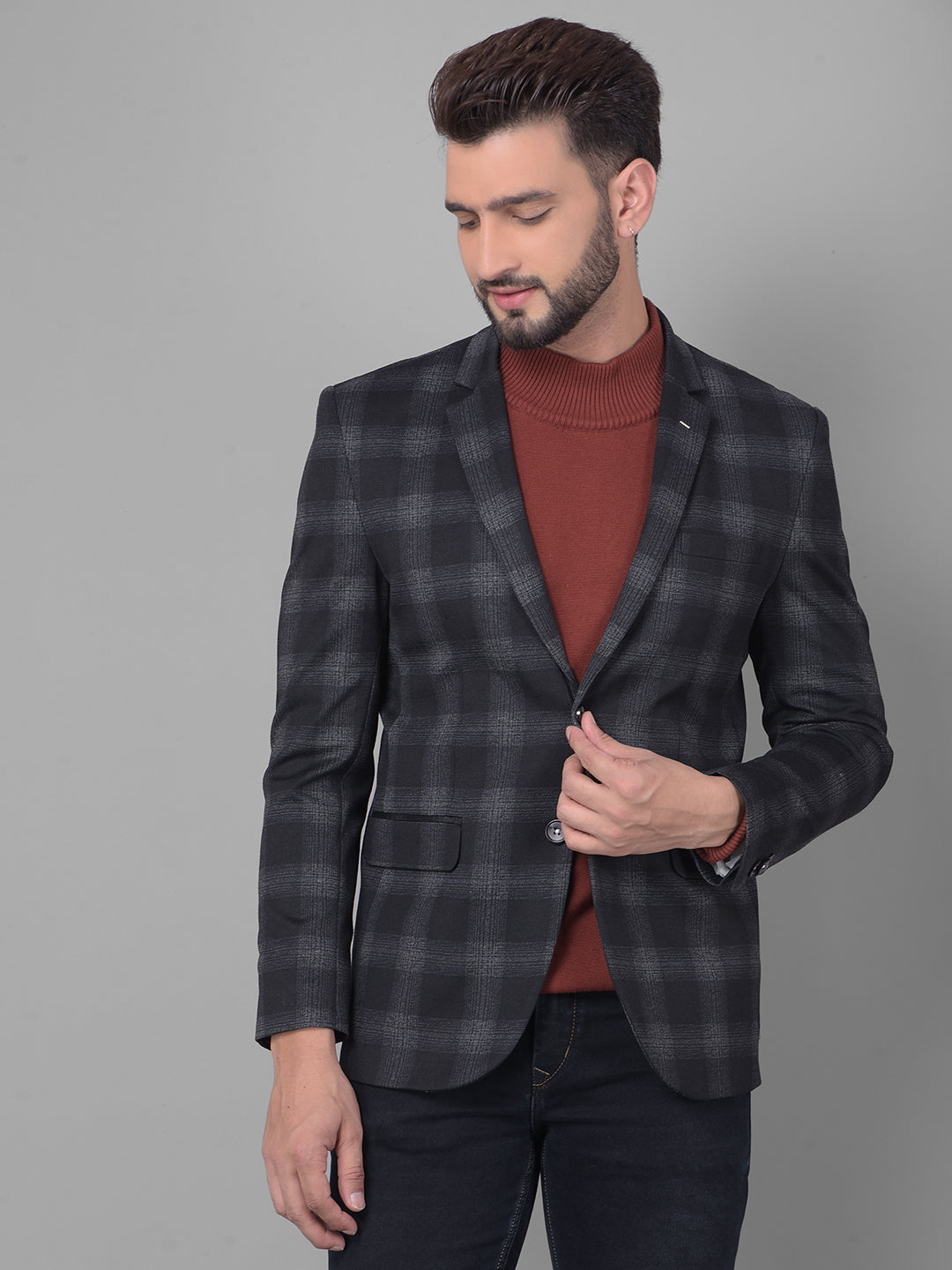 Black Checked Single Breasted Blazer-Men Blazers-Crimsoune Club