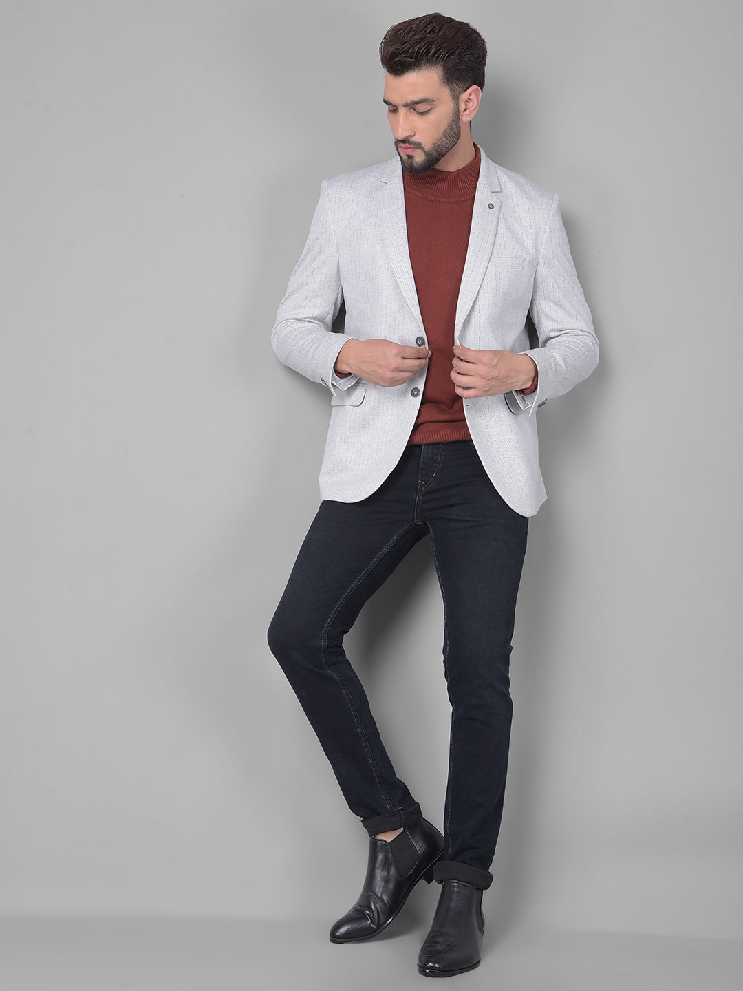 Grey Striped Single Breasted Blazer