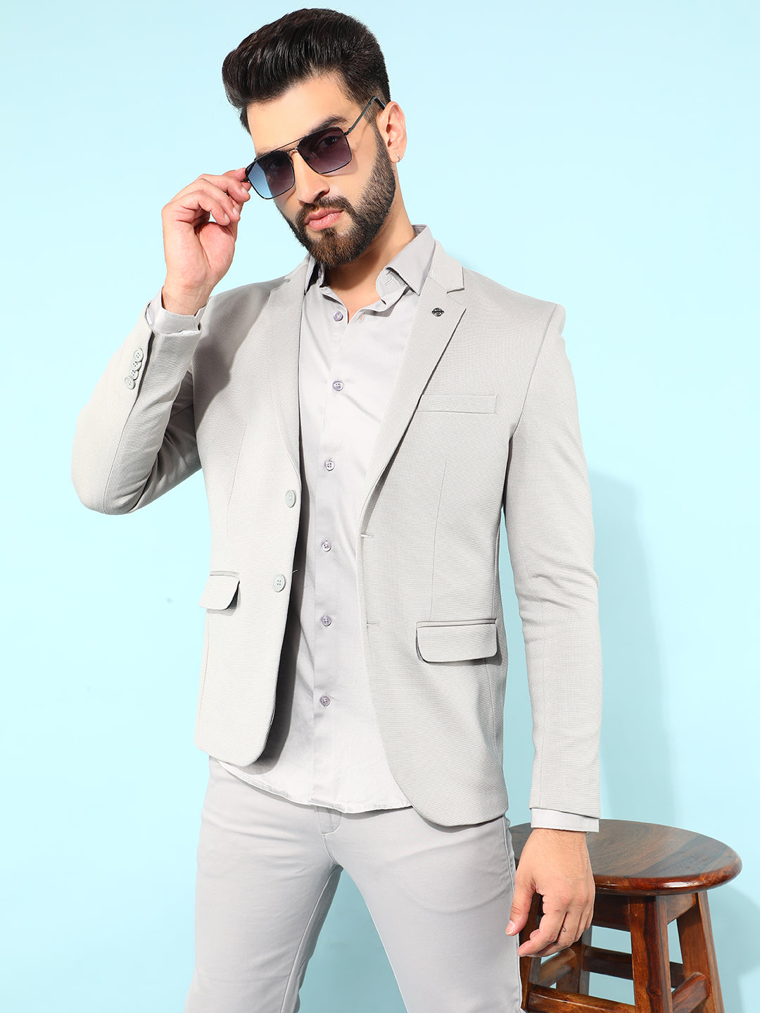 Grey Single Breasted Blazer-Men Blazers-Crimsoune Club