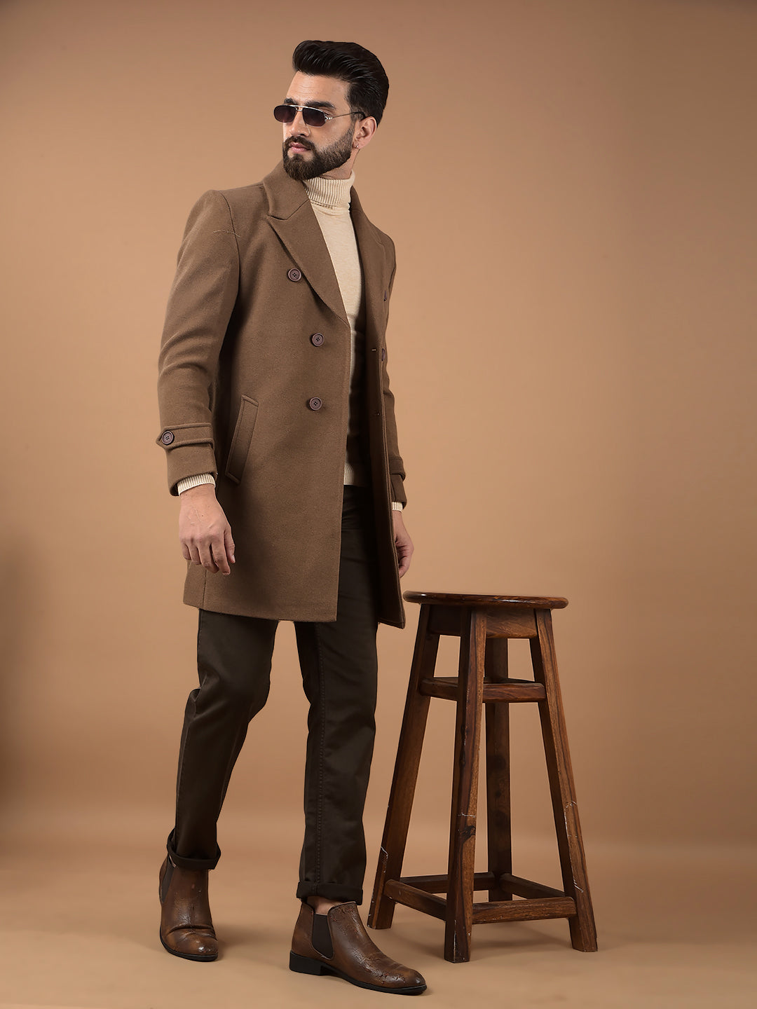 Brown Notched Lapel Mid-Thigh Length Double Breasted Coat