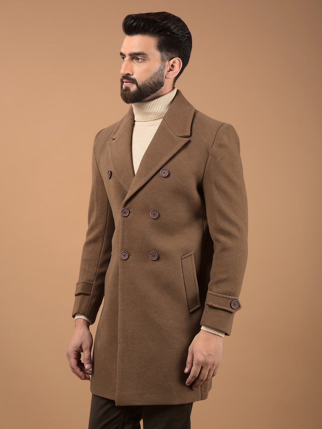 Brown Notched Lapel Mid-Thigh Length Double Breasted Coat