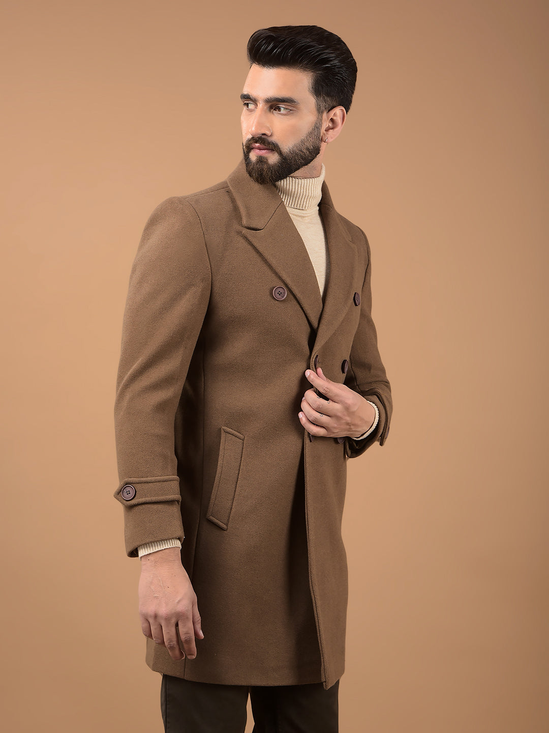 Brown Notched Lapel Mid-Thigh Length Double Breasted Coat