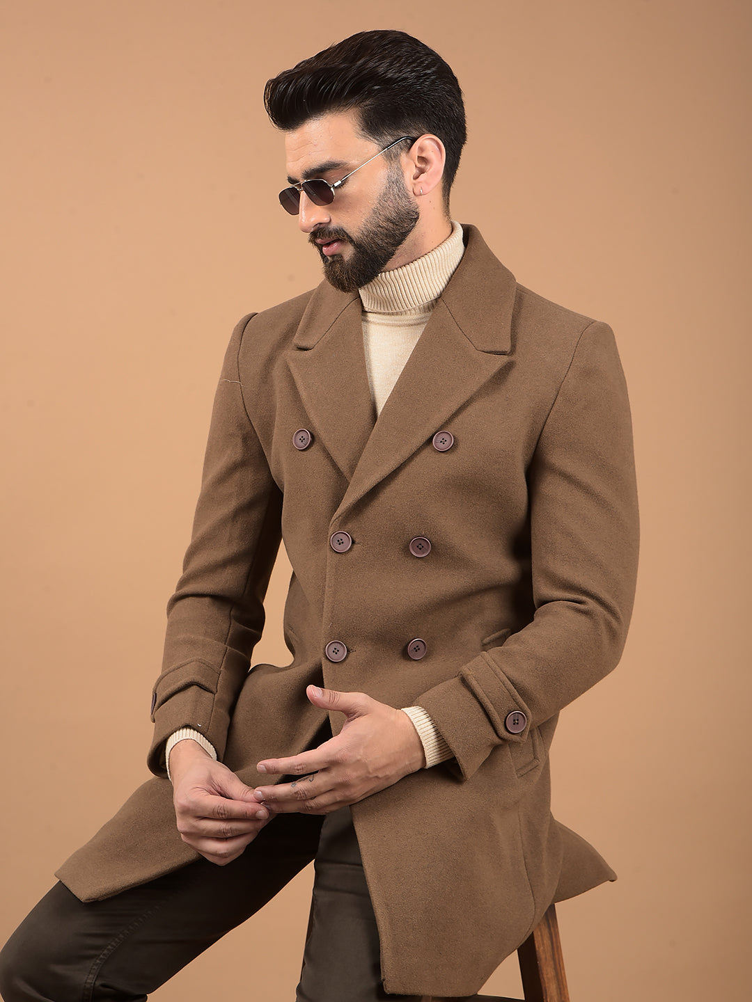 Brown Notched Lapel Mid-Thigh Length Double Breasted Coat