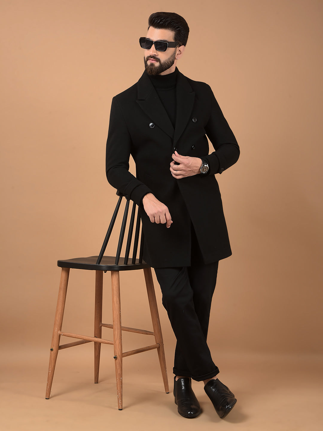 Black Notched Lapel Mid-Thigh Length Double Breasted Coat