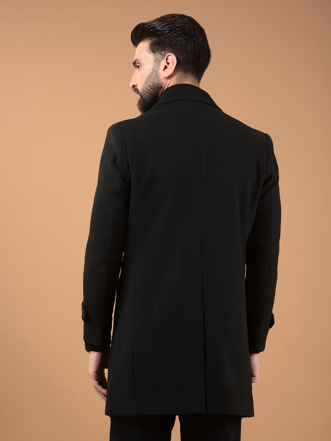 Black Notched Lapel Mid-Thigh Length Double Breasted Coat