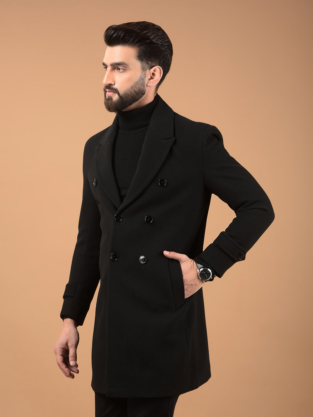 Black Notched Lapel Mid-Thigh Length Double Breasted Coat