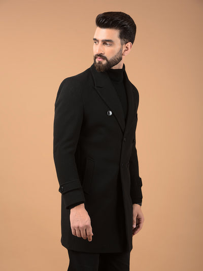 Black Notched Lapel Mid-Thigh Length Double Breasted Coat