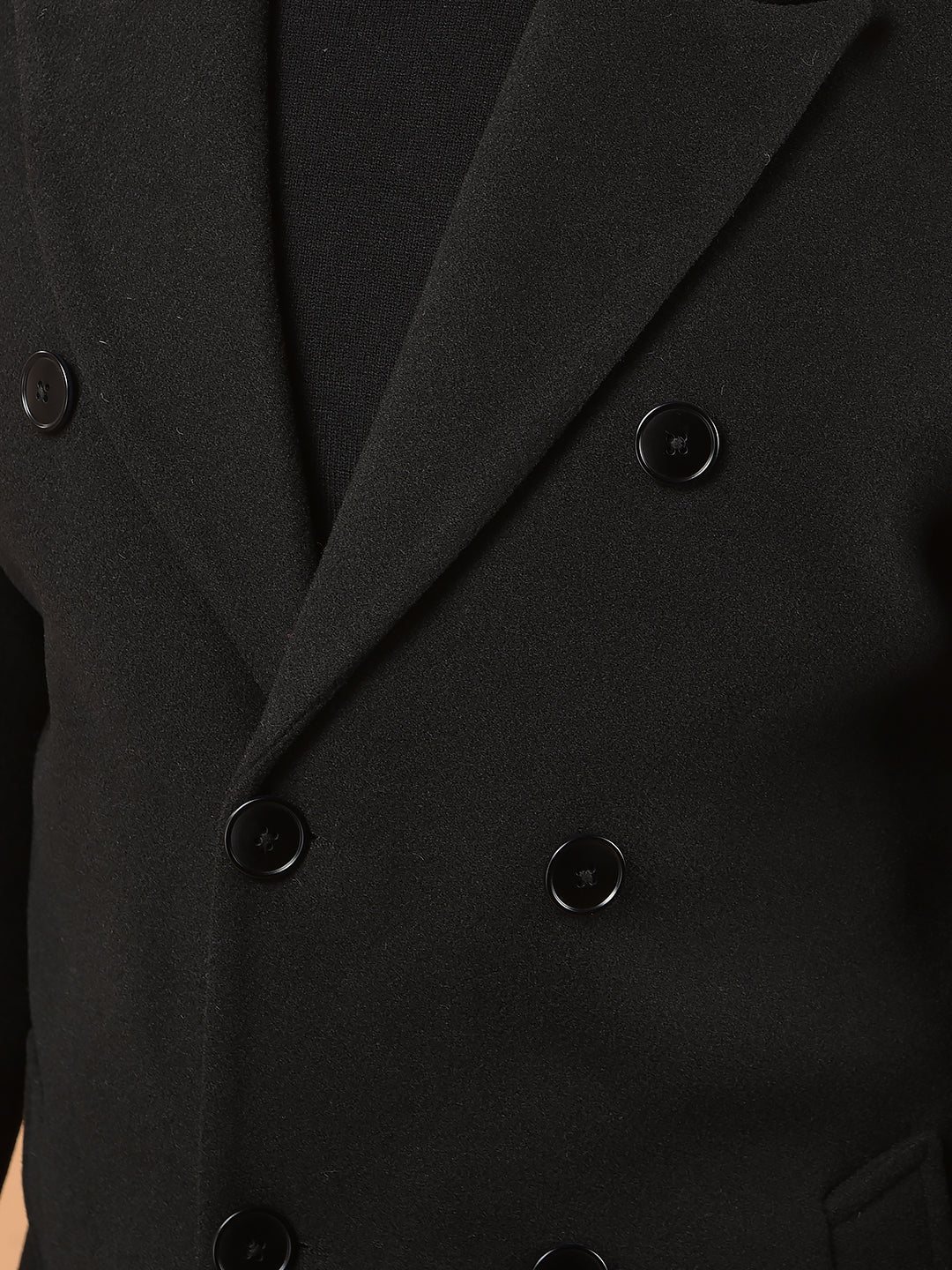 Black Notched Lapel Mid-Thigh Length Double Breasted Coat