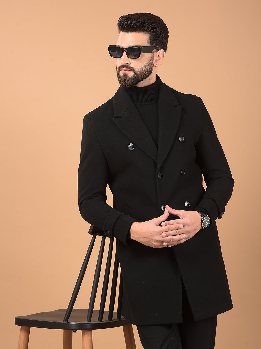 Black Notched Lapel Mid-Thigh Length Double Breasted Coat