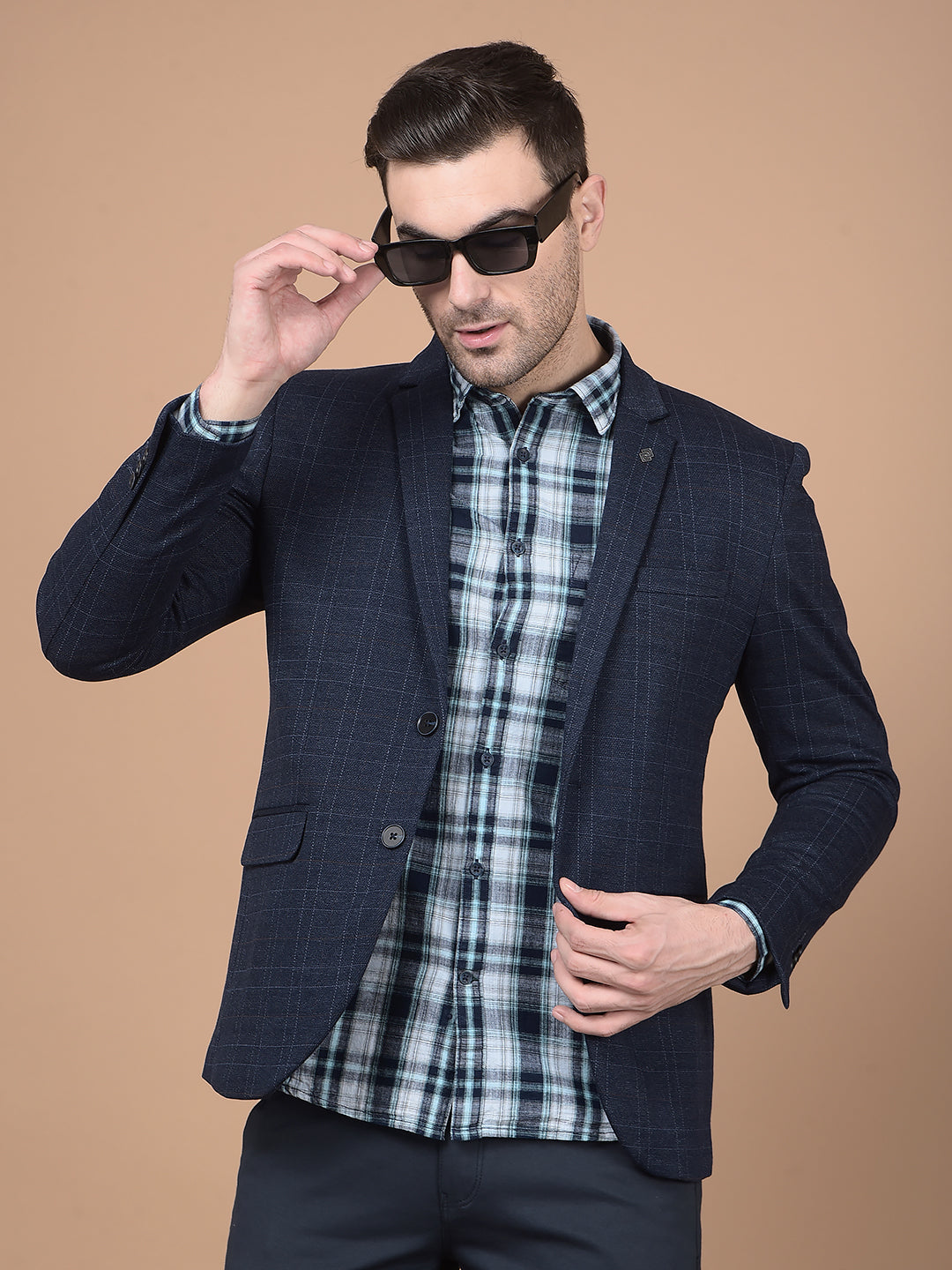 Navy Blue Checked Single Breasted Blazer-Men Blazers-Crimsoune Club