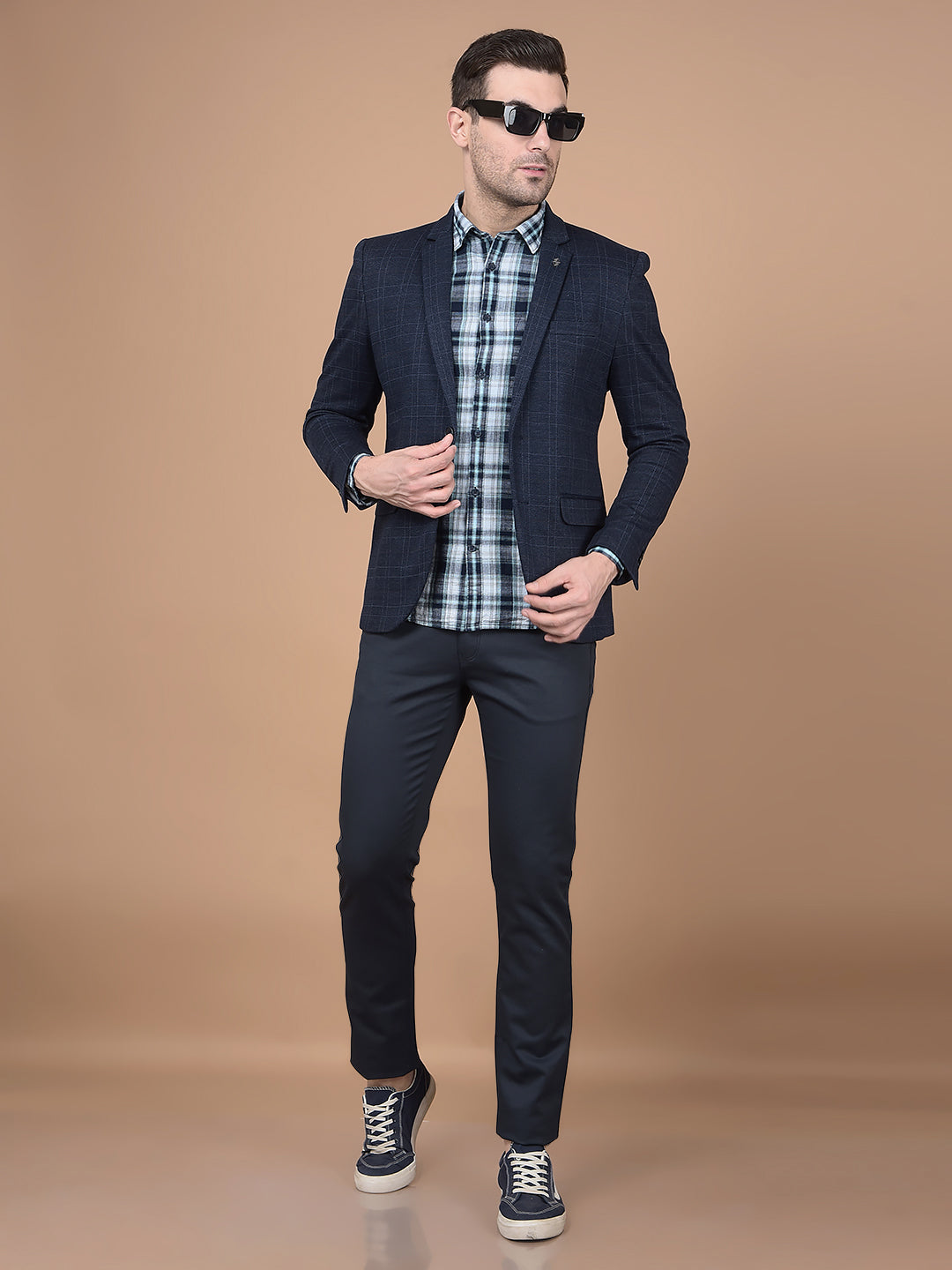 Navy Blue Checked Single Breasted Blazer