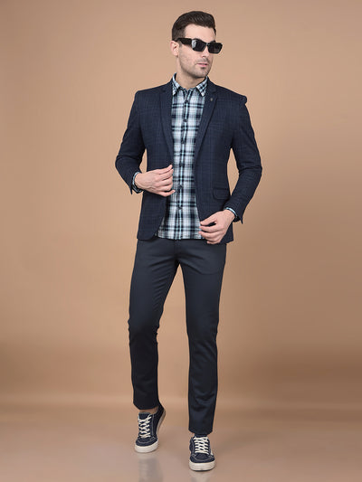 Navy Blue Checked Single Breasted Blazer-Men Blazers-Crimsoune Club