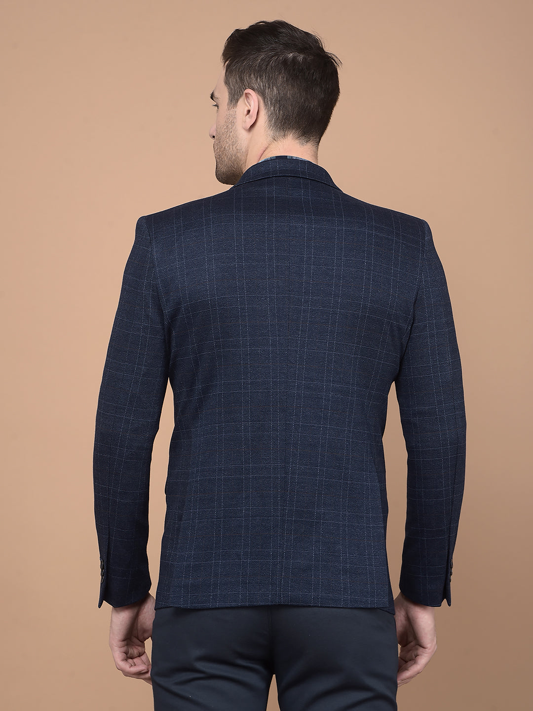 Navy Blue Checked Single Breasted Blazer-Men Blazers-Crimsoune Club