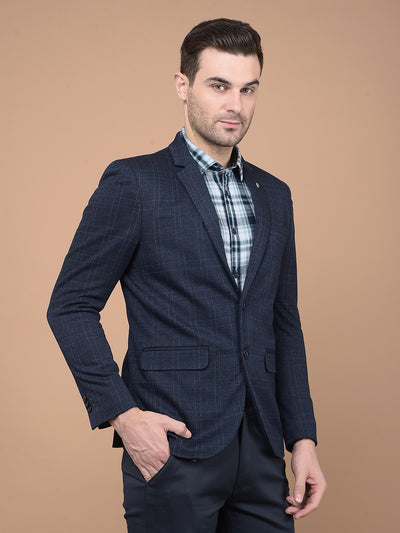 Navy Blue Checked Single Breasted Blazer-Men Blazers-Crimsoune Club