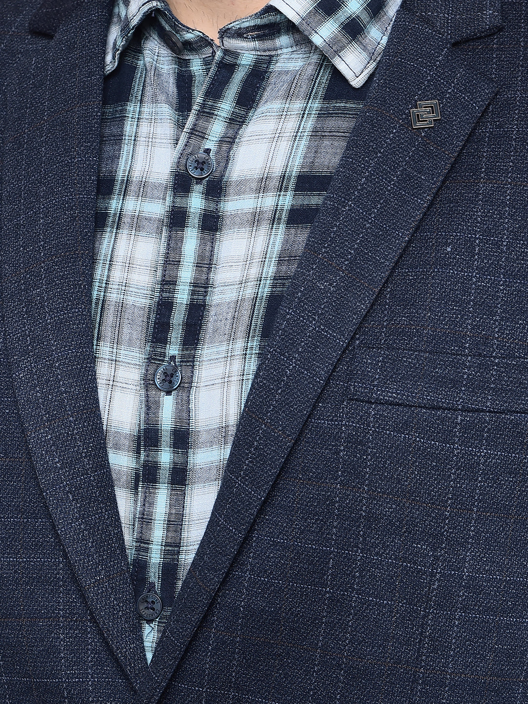 Navy Blue Checked Single Breasted Blazer