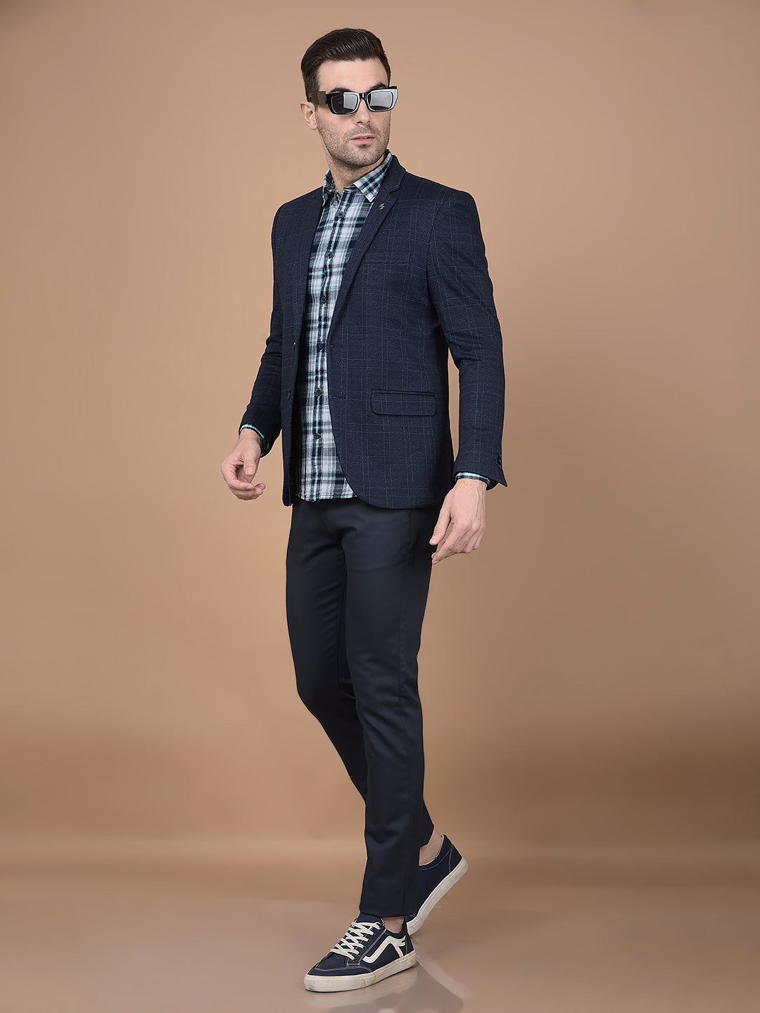 Navy Blue Checked Single Breasted Blazer-Men Blazers-Crimsoune Club