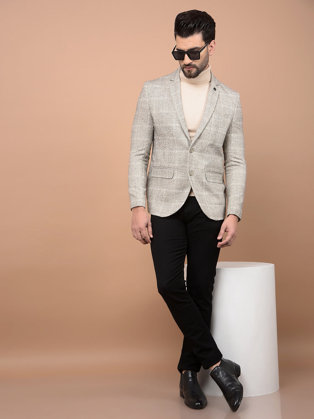 Beige Checked Single Breasted Blazer