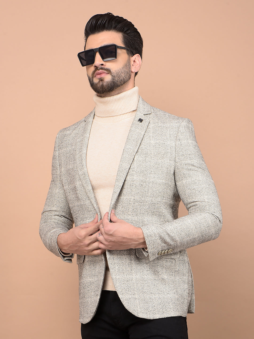 Beige Checked Single Breasted Blazer-Men Blazers-Crimsoune Club