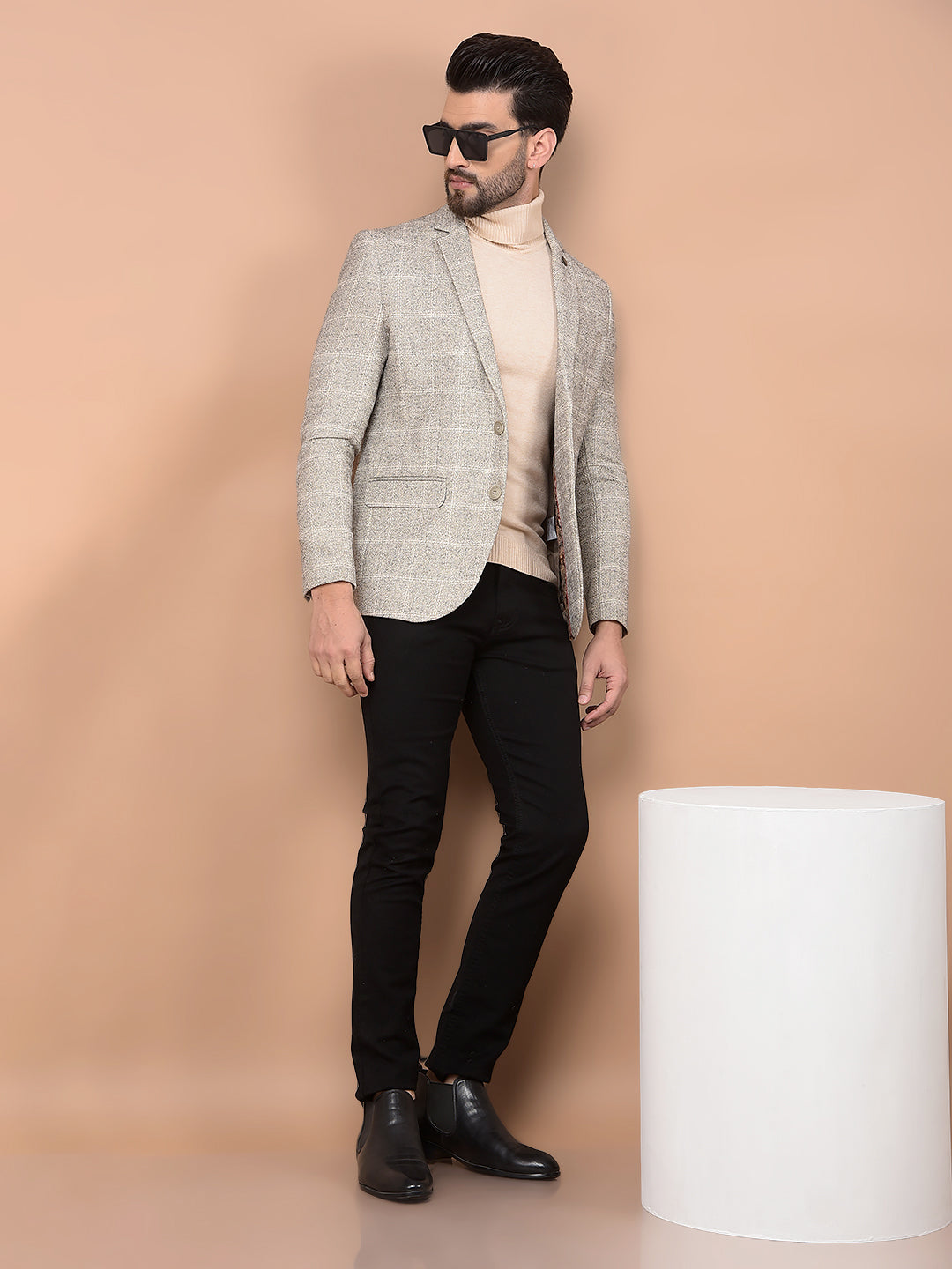 Beige Checked Single Breasted Blazer-Men Blazers-Crimsoune Club