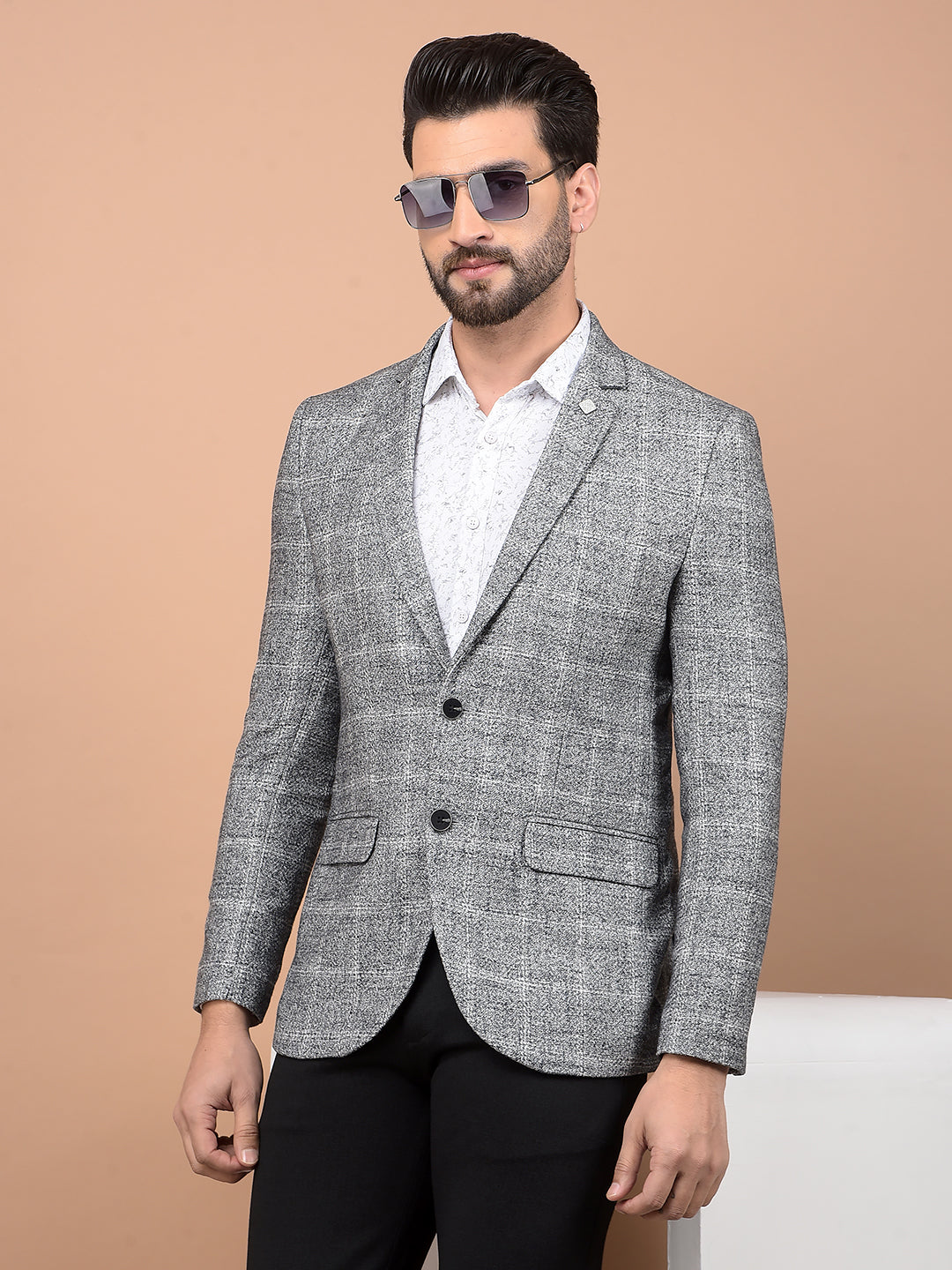 Grey Checked Single Breasted Blazer-Men Blazers-Crimsoune Club