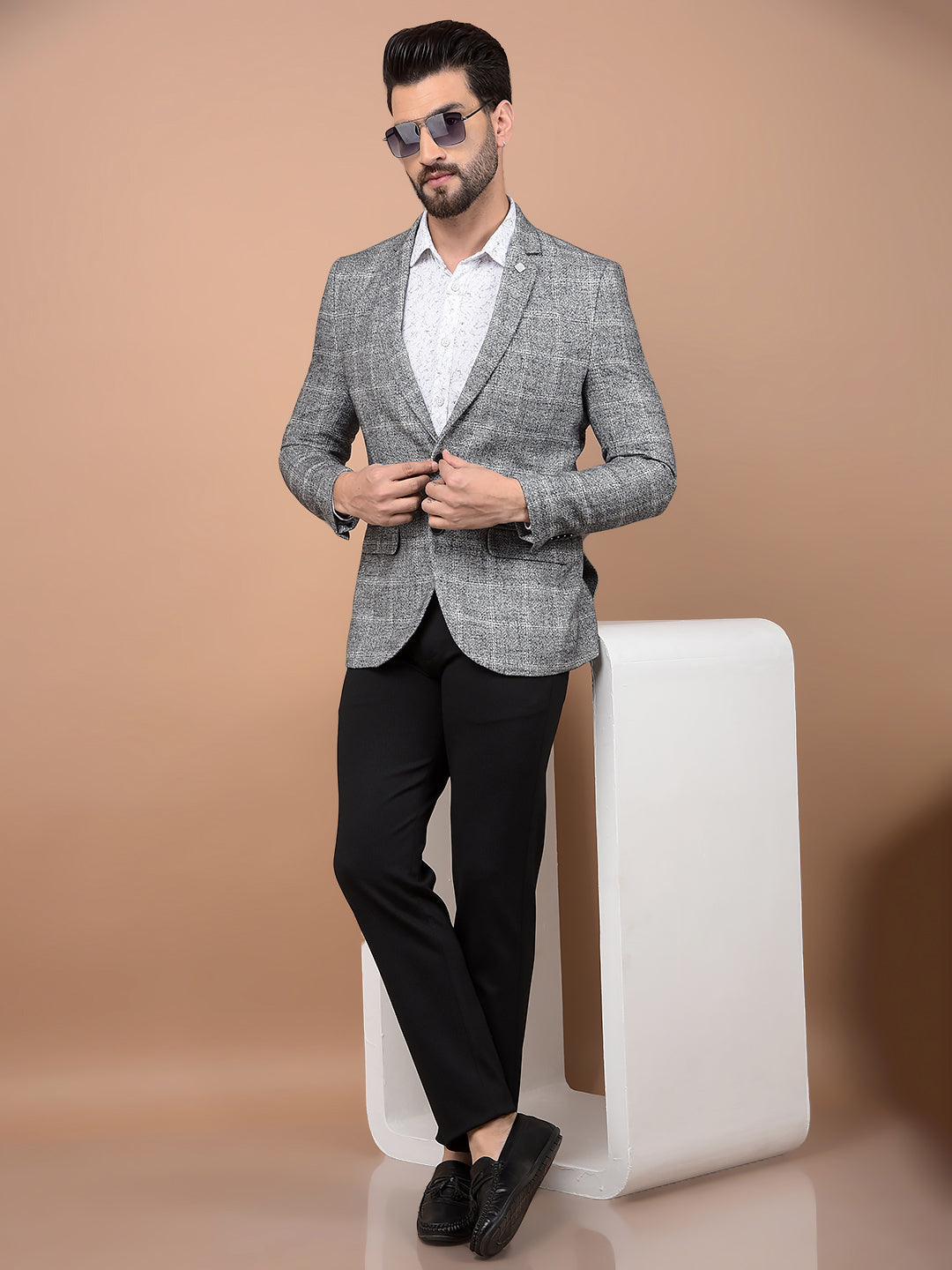 Grey Checked Single Breasted Blazer-Men Blazers-Crimsoune Club