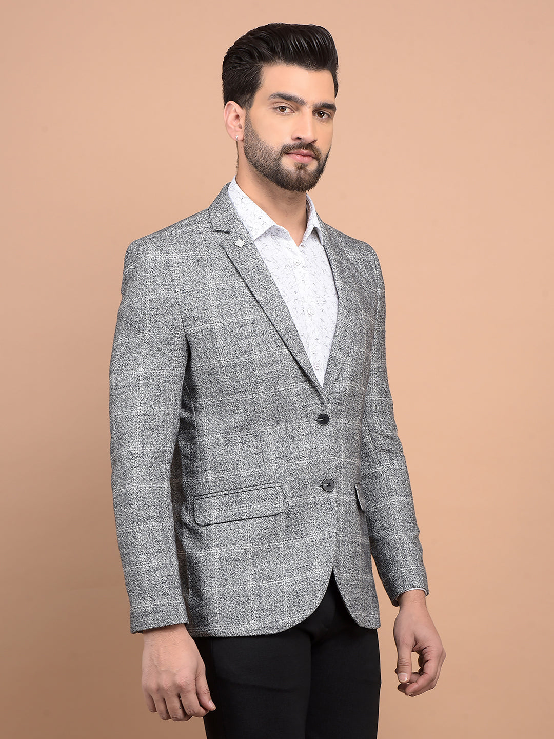 Grey Checked Single Breasted Blazer