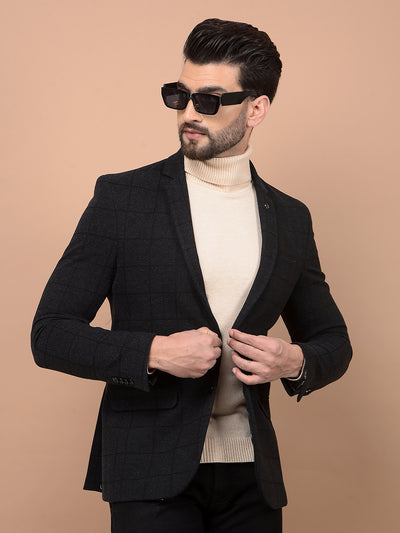 Black Checked Single Breasted Blazer-Men Blazers-Crimsoune Club