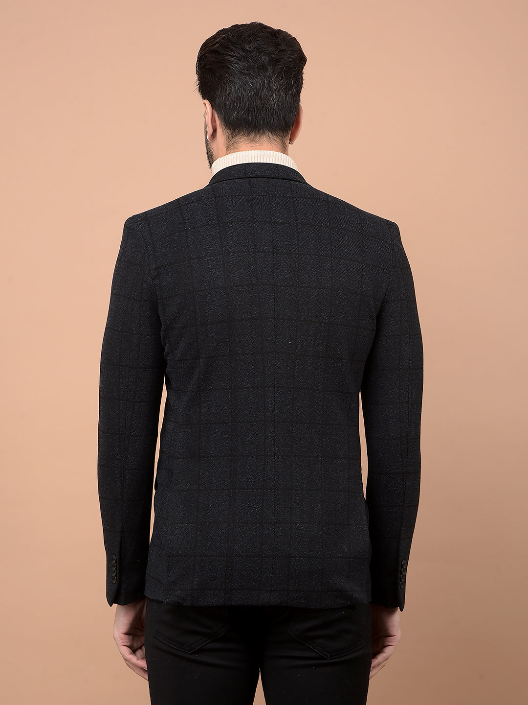 Black Checked Single Breasted Blazer-Men Blazers-Crimsoune Club