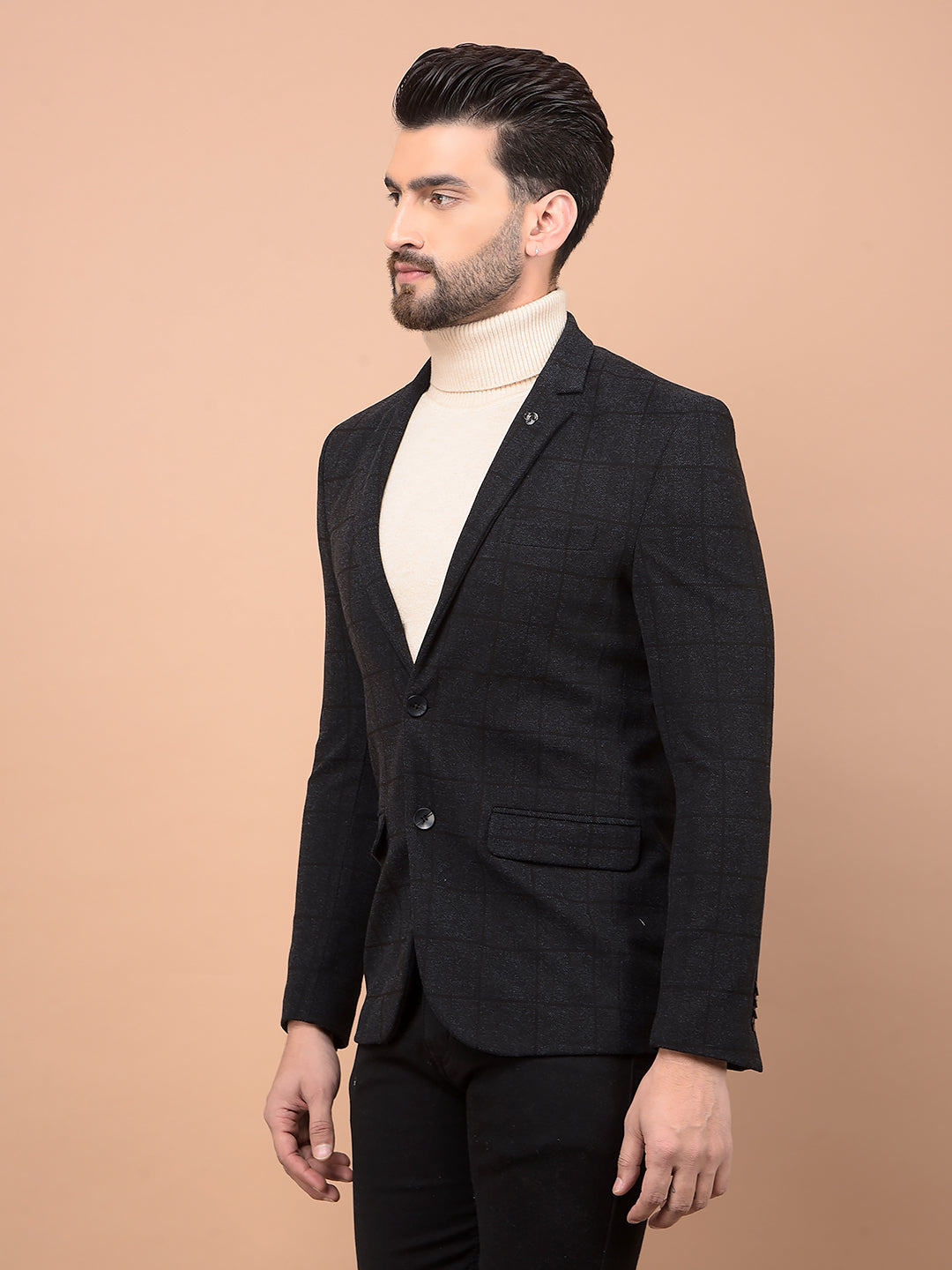 Black Checked Single Breasted Blazer-Men Blazers-Crimsoune Club