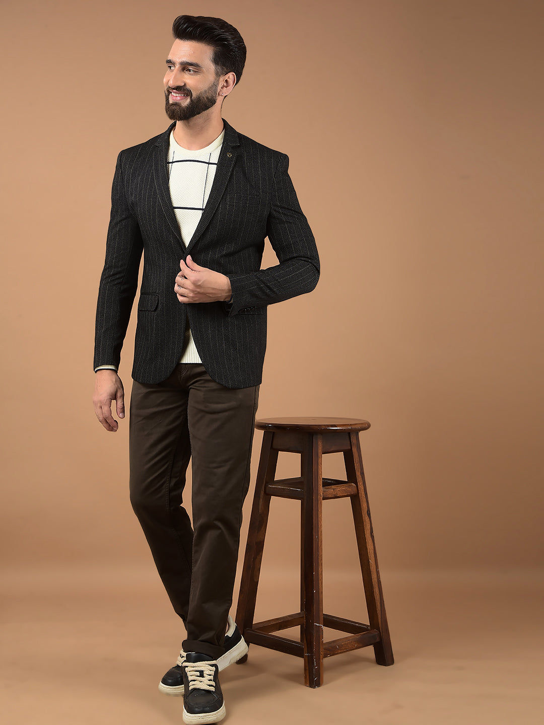 Black Vertical Stripes Notched Lapel Single Breasted Blazer